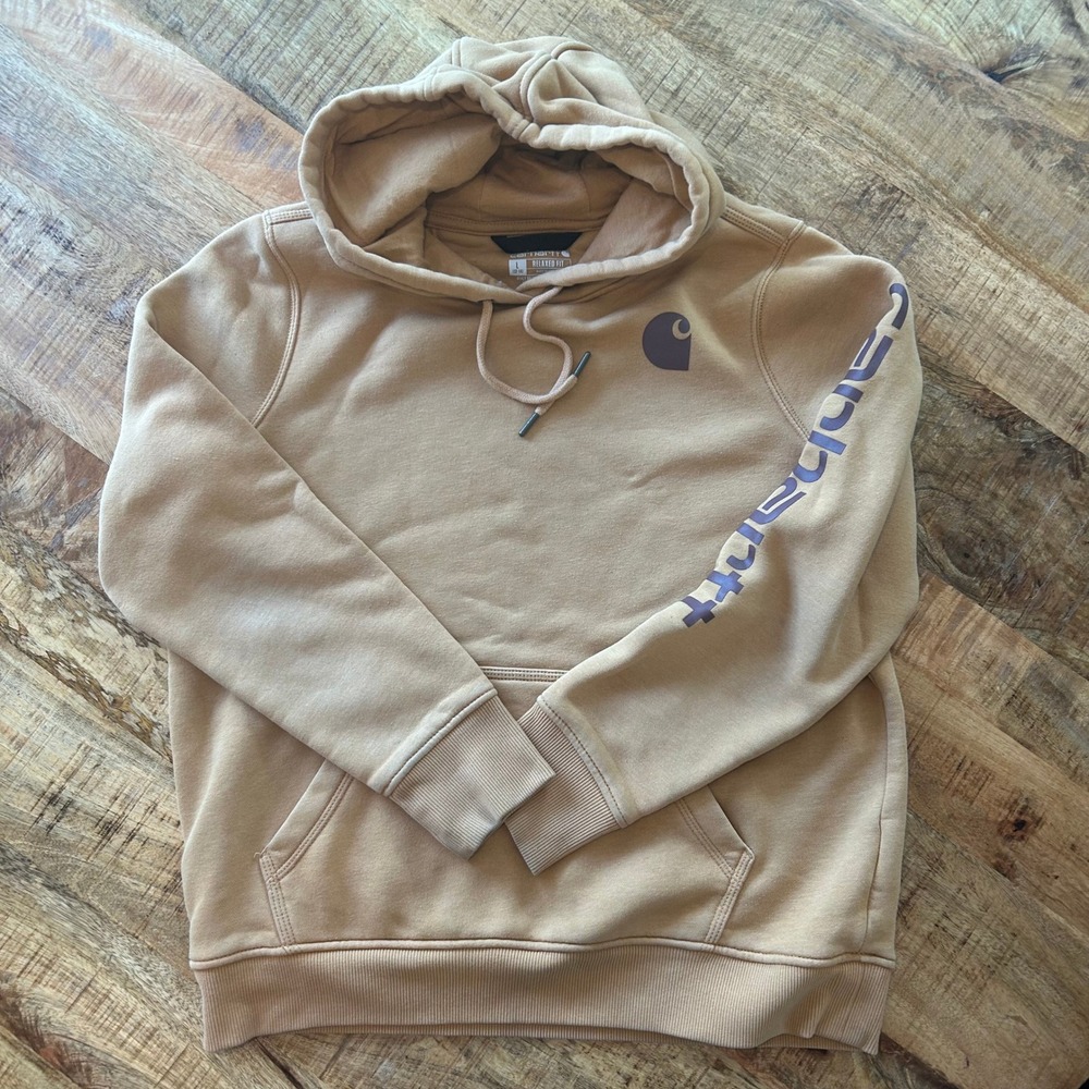 Carhartt Relaxed Fit Logo Sleeve Hoodie Tan Brown Womens Large L Sweatshirt